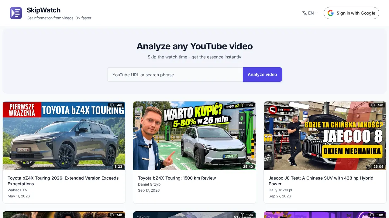 Screenshot of SkipWatch showing YouTube video analysis