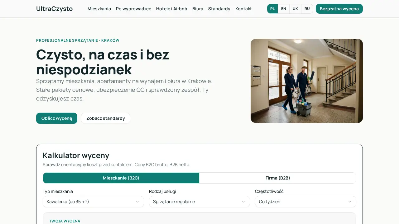 Screenshot of UltraCzysto cleaning service homepage in Kraków